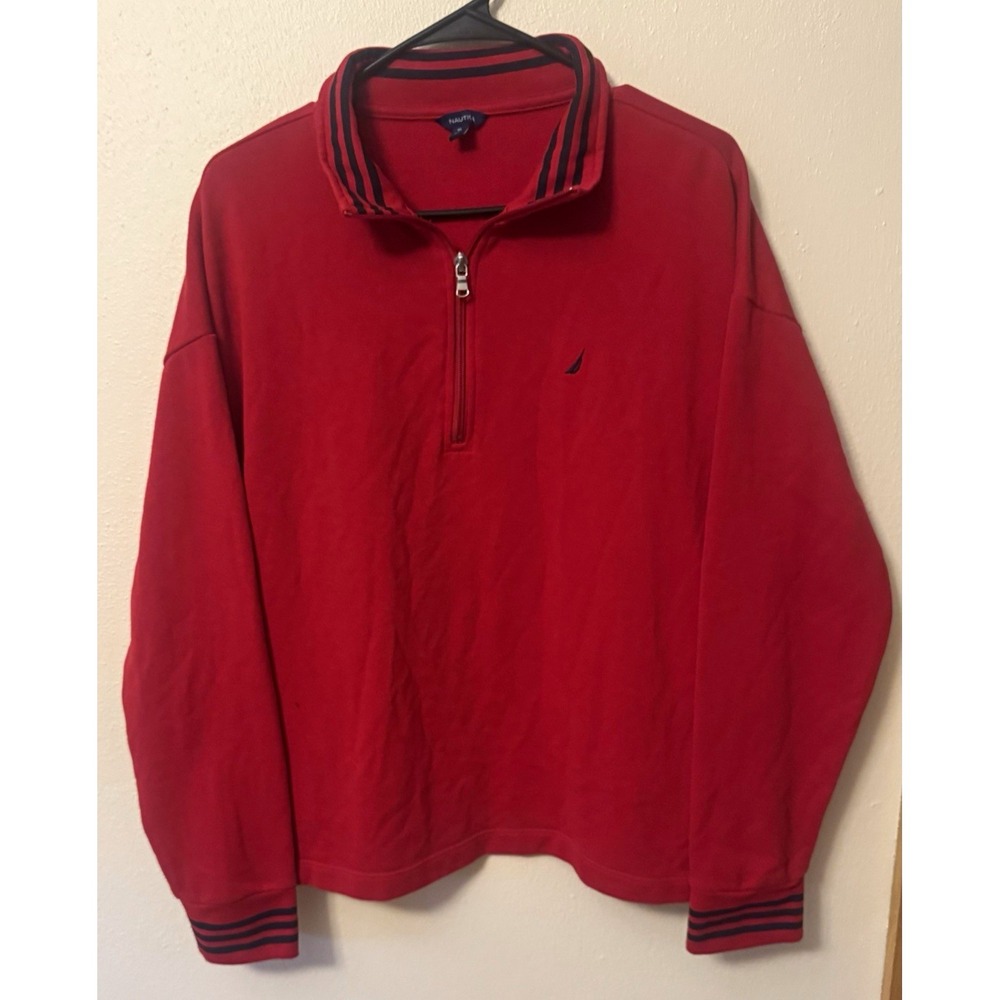 Nautica Red Quarter 1/4 Zip Pullover Sweatshirt Striped Collar Size XL